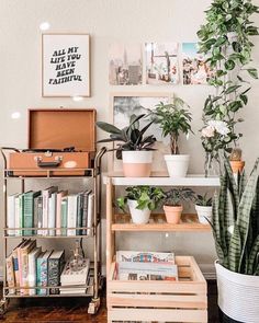 a living room filled with lots of plants and books