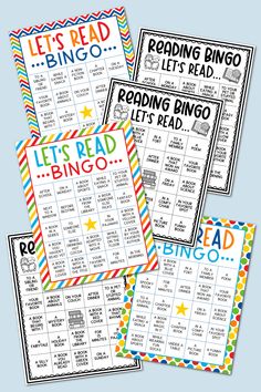 three printable reading bingos with the words let's read and blingo