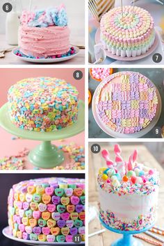 a collage of images showing different types of birthday cakes and decorated with candies