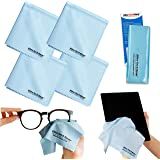 several pieces of blue cloth being used to clean eyeglasses and protect them from the sun