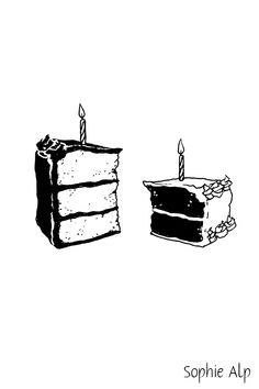 a black and white drawing of a piece of cake next to a slice of birthday cake