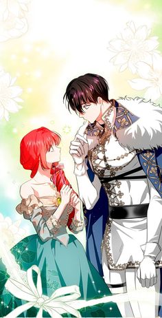 two anime characters standing next to each other in front of white flowers and blue sky