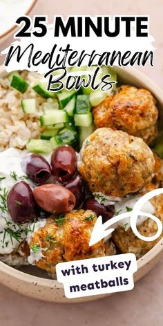 a bowl filled with meatballs, rice and vegetables