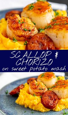 scallop and shrimp on sweet potato mash with mustard, parsley and pepper