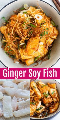 two pictures with different types of food in them and the words ginger soy fish above it