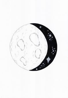 an ink drawing of the moon and its two phases in black and white, against a plain background