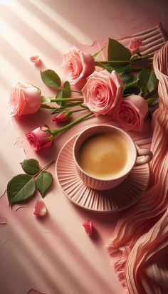 a cup of coffee and some pink roses