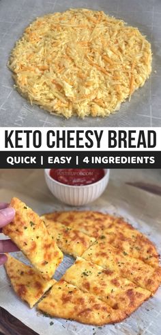 keto cheesy bread is cut into four pieces