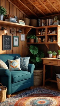 a living room filled with furniture and lots of plants on top of wooden shelving