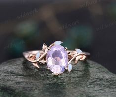 This ring is handmade by myself. The main stone is a 6x8mm oval cut natural Lavender Amethyst,about 1.3ct. The side stones are lab opals. The band width is about 1.4mm. The material is solid 14k gold(white,yellow,rose gold is also available) Ring size can be choose from the selection box. Matching band available: https://www.etsy.com/shop/willwork?section_id=20674906 This jewelry can also be made in solid 10k,14k,18k gold,with real diamonds.Contact me! Need rush order? contact me! Need custom ma Moonstone Ring Vintage, Labradorite Rings, Amethyst Ring Vintage, Rose Gold Gifts, Nature Inspired Engagement Ring, Rutilated Quartz Ring, Moonstone Engagement, Moonstone Engagement Ring, Bridal Wedding Rings