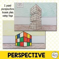 an image of a poster with the words perspective on it and two pictures of a building made out of blocks