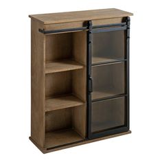 an open cabinet with shelves and doors on the bottom, in front of a white background