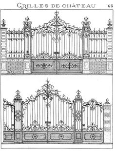 two drawings of an iron gate with the names grilles de chateau and 5