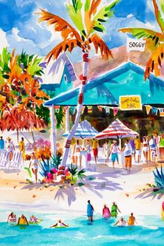 watercolor painting of people on the beach in front of a blue building and palm trees