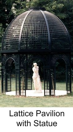 a gazebo in the middle of a park with text that reads lattice pavilion with statue