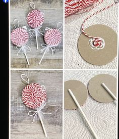 four pictures showing different ways to make lollipops with twine and yarn