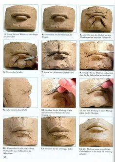 step by step instructions on how to make a face out of clay, including the eyes and nose