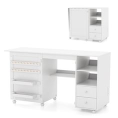 two white desks with drawers and shelves on each side, one is open to the other