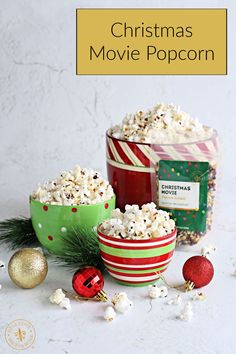 christmas movie popcorn in green and red striped bowls