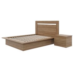 a wooden bed with two nightstands next to it