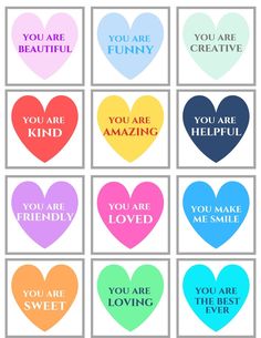 colorful hearts with the words you are beautiful and you are kind of amazing on them