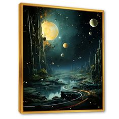 a painting on the wall of a night time scene with planets and stars in the sky