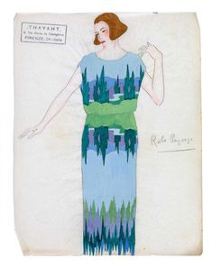 a drawing of a woman in a dress with trees on it