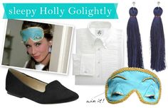 a collage of items including a mask, dress shirt and slippers with text that reads sleepy holly golightly