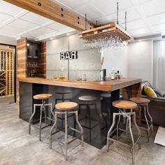 a bar with four stools in front of it