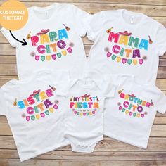 three personalized onesuits with the words papa and mama in colorful letters on them