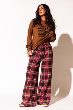 LALA ORIGINAL: Lovers Lane Plaid Wide Leg Trousers in Pink *RESTOCKED* Pants 2025 Trends, 70s Academia Fashion, Plaid Bottoms Outfit, Pink Plaid Pants Outfit, Plaid Wide Leg Bottoms For Fall, Plaid Wide Leg Pants Outfit, Trendy Plaid Wide Leg Bottoms, Comfy Teacher Outfits Fall, Green Plaid Pants Outfit