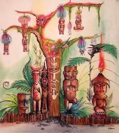 a painting hanging on the wall next to a wooden fence with tiki statues and lights