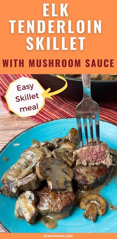 elk meat in a creamy sauce with mushrooms on blue plate Elk Tenderloin, Recipe For 2 People, Mushroom Cream Sauces, Recipe For 2, Easy Skillet Meals, Easy Skillet, Wild Game Recipes, Creamy Mushroom Sauce