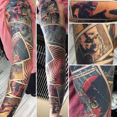 some pictures of tattoos on the arm and leg