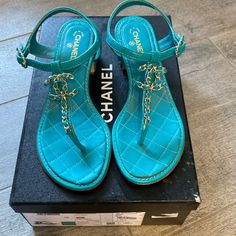 Chanel Sandals Sz 6 Barely Worn Green / Teal In Color Shoes Chanel, Chanel Sandals, Wear Green, Chanel Shoes, Cute Shoes, Women's Shoes Sandals, Limited Time, Shoes Sandals, Chanel