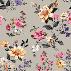 a gray background with colorful flowers on it