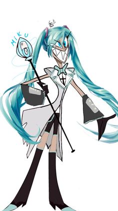 an anime character with long blue hair holding a wand and wearing a white shirt, black pants