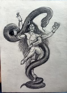 a pencil drawing of a woman holding a snake on top of her head, with two hands in the air