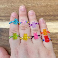 These fun rings are made from glass beads and plastic bears. Each ring is made with love!! Cute Beaded Rings For Gifts, Colorful Beaded Ring Gift, Cherry Ring Beads, Frog Ring Beads, Beaded Bear Ring, Cute Gummy Bear, Gummy Bear Beaded Necklace, Gummy Bear Jewelry, Rings Beaded