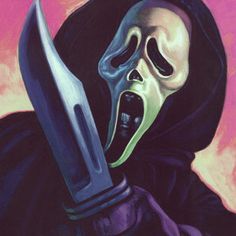 a painting of a skeleton holding a knife in its mouth and wearing a black hood