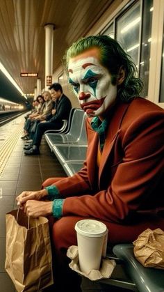 a man dressed as the joker sitting on a train station bench with his arms crossed