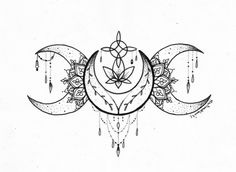 a drawing of three crescents with flowers and leaves on the moon's side