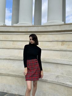 Step into the 90s with this stunning red plaid mini wrap skirt. Perfect for a preppy or grunge look, this A-line tartan schoolgirl skirt features classic pleats and a high waist, ensuring a flattering fit. Customizable in any size, including plus sizes, to fit your unique measurements.  Features: *Red tartan grunge mini skirt *High waist with pleats *Closes with a zipper *Length: 17.7 inches (45 cm) *Customizable in any size Materials: *Wool with lavsan Care Instructions: *Hand wash in warm water *Iron from the wrong side Custom Orders: Choose CUSTOM Order if you: *Need a better fit *Can't find your size in our size chart *Want to change the length Various sizes available XS, S, M, L SIZE XS Waist: 23,6-25,2" / 60-64 cm Hips: 34,6-36,2" /88- 92 cm SIZE S Waist: 25,2-26,8"/ 64-68 cm Hips: 3 Red Plaid Skirt Outfit, Red Check Skirt, Grunge Mini Skirt, Short Skirts Outfits, Tartan Mini Skirt, Skirt Preppy, Red Plaid Skirt, Mini Wrap Skirt, Tartan Skirt