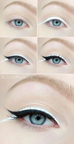 Step by step White Makeup eye-shadow tutorial Fun Eyeliner Looks Hooded Eyes, White Eyeliner Looks, Gray Eyeliner, Eyeliner Tips, Eyeliner Designs, Eyeliner For Beginners, Eyeliner Styles, White Makeup, White Eyeliner