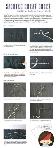 instructions for how to sew the sashko cheat sheet with pictures and text on it