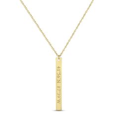 Pay tribute to a special place with this sleek 10K yellow gold necklace, featuring a vertical bar inscribed with your chosen coordinates. The pendant sways from an 18-inch rope chain that secures with a spring ring clasp. Vertical Bar Necklace, Vertical Bar, Yellow Gold Necklace, Accessories Jewelry Necklace, Rope Chain, Bar Necklace, Spring Rings, Jewelry Accessories, Gold Necklace