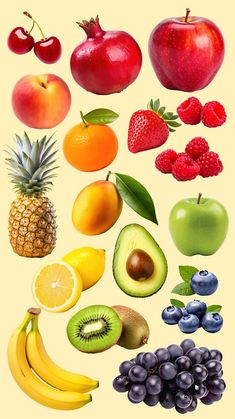 an assortment of fruits and vegetables on a white background, including bananas, apples, oranges, raspberries, cherries, blueberries