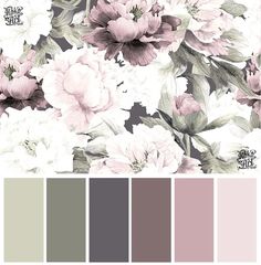 the color scheme is pink and grey with white flowers on it, including green leaves