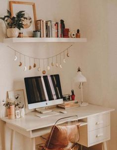 a white desk topped with a computer monitor and keyboard