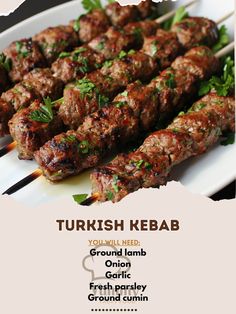 the menu for turkish kebab is displayed on a white plate with green garnish